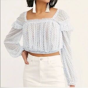 Free People White/Blue Polka Dot Mesh Long Sleeve Crop Top